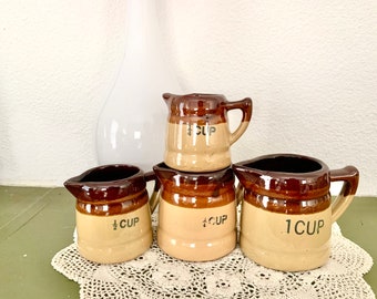 Farm House Decor, Vintage Measuring Cups, Pottery, Drip Ware, Set 4, Crockery