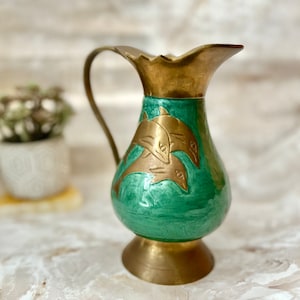 Enamel Brass Pitcher, Dolphins, Vase, Ewer, Artistic, Vintage Home Decor