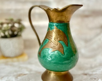 Enamel Brass Pitcher, Dolphins, Vase, Ewer, Artistic, Vintage Home Decor