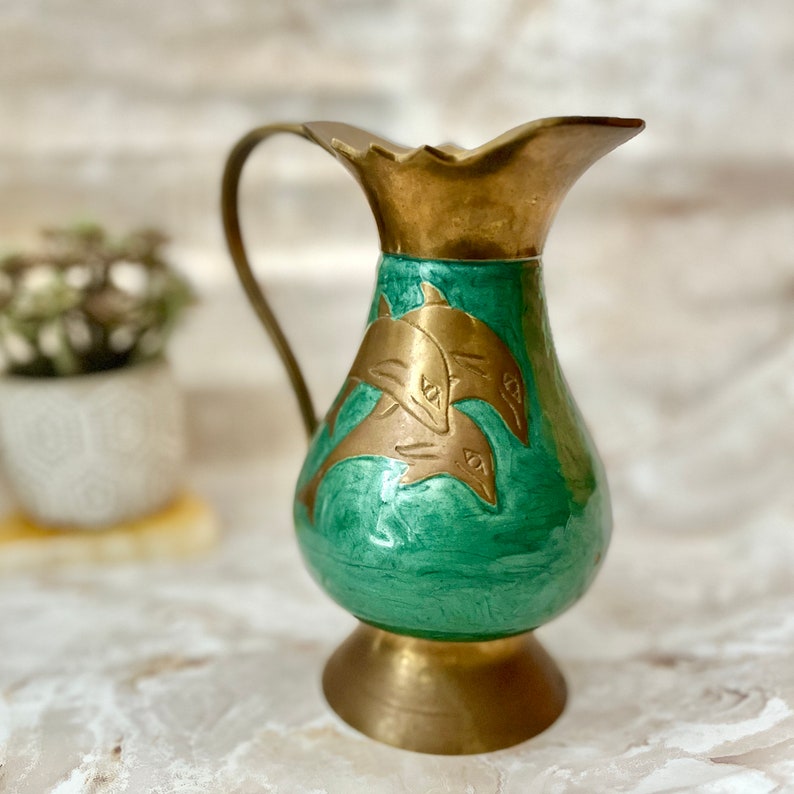 Enamel Brass Pitcher, Dolphins, Vase, Ewer, Artistic, Vintage Home Decor image 1