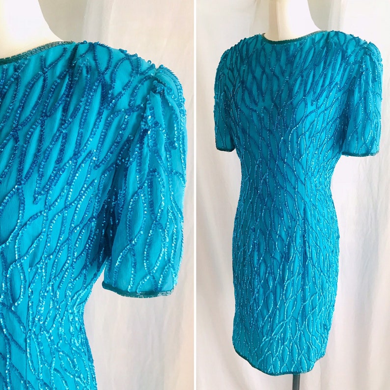 Wiggle Cocktail Vintage 80s 90s Teal Blue Beaded Dress Sequins