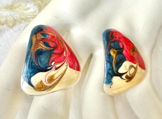 Enamel Statement Earrings, Geometric Shape, Abstr… - image 2