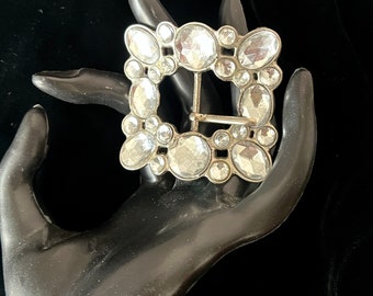 Bling Rhinestone Belt Buckle, Large Faceted Clear Gems, Vintage 60s 70s