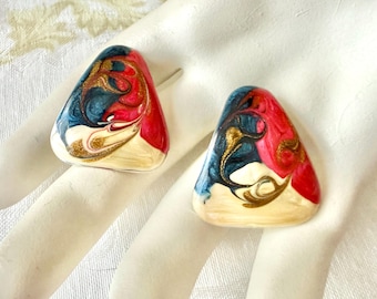 Boucles d'oreilles en émail, forme géométrique, abstrait, tourbillon, clou percé, vintage des années 80