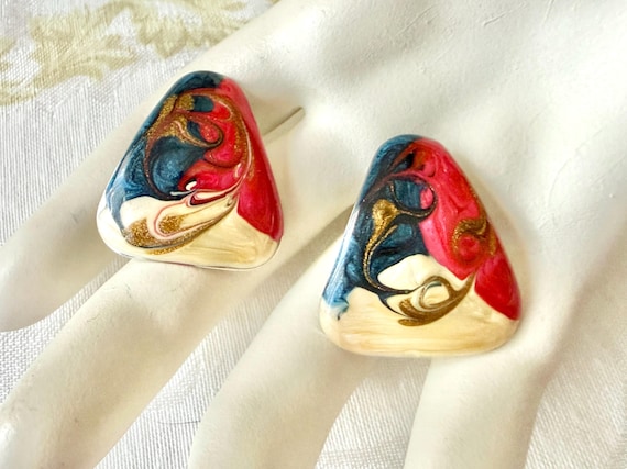 Enamel Statement Earrings, Geometric Shape, Abstr… - image 1