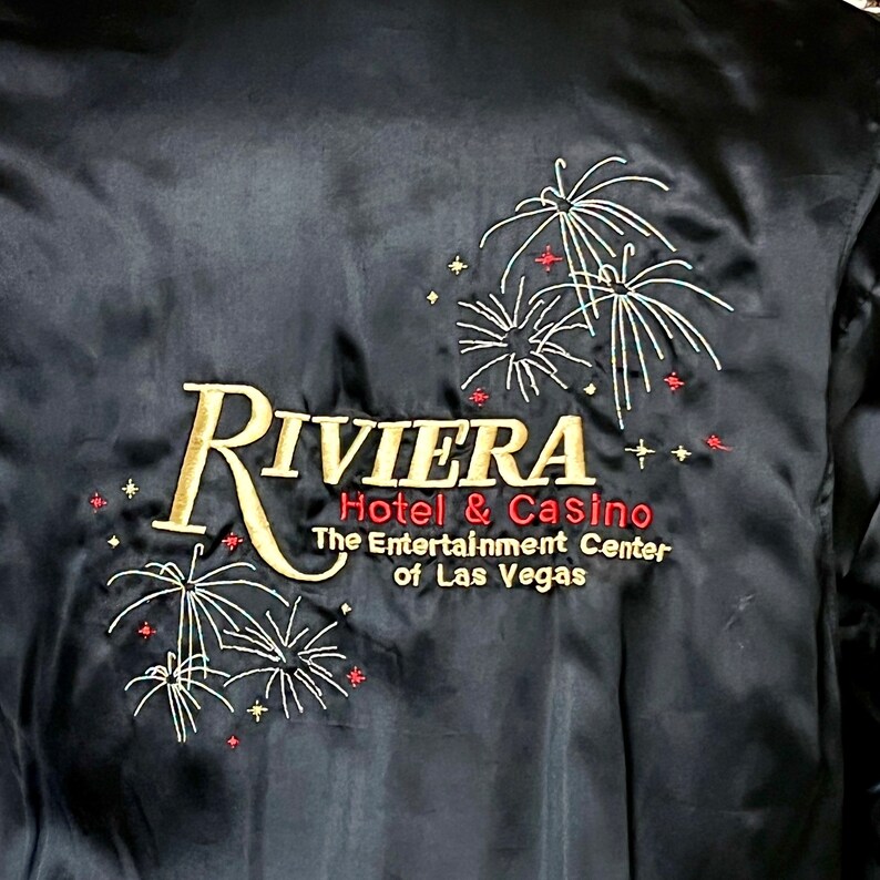 Las Vegas Black Satin Bomber Style Jacket, Riviera, Embroidered Windbreaker, Advertising, Metallic Lurex Stitching, Vintage image 4