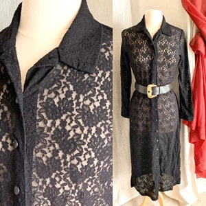 Sheer Black Midi Maxi, Cut-Out Lace, Button Down, Dress Kimono, Goth Glam Robe, VIntage 60s 70s