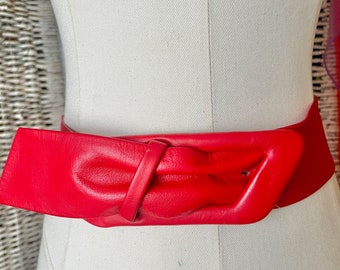 Red Statement Belt, Tapered Wide Leather, Vintage 70s 80s, Calderon