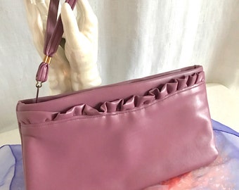 Vegan Faux Leather Clutch, Wristlet Purse, Ruffle Trim, Vintage 70s 80s