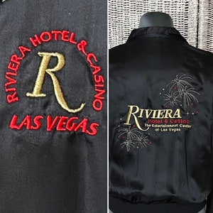 Las Vegas Black Satin Bomber Style Jacket, Riviera, Embroidered Windbreaker, Advertising, Metallic Lurex Stitching, Vintage image 3