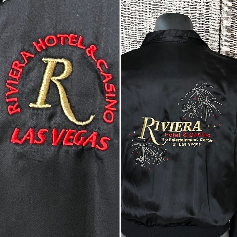 Las Vegas Black Satin Bomber Style Jacket, Riviera, Embroidered Windbreaker, Advertising, Metallic Lurex Stitching, Vintage image 3