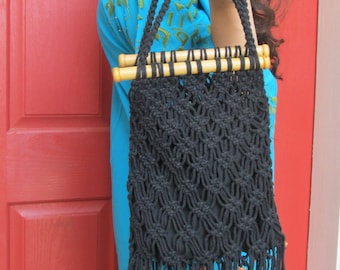 Macrame Fringe Purse, Wood Beads, Black Crochet Knotted, Hippie Boho Bohemian, Vintage 60s 70s