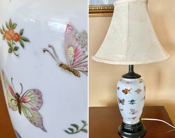 Porcelain Butterfly Table Lamps, Asian Inspired, Pedestal, Ceramic, Vintage 70s 80s, Works Fine