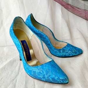 High Heels, Teal Blue Lace Overlay, Stilettos, Pointed Toe Shoes, Rockabilly Pin Up, Punk, Vintage 80s image 2