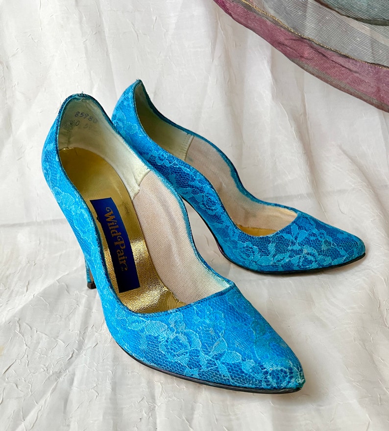 High Heels, Teal Blue Lace Overlay, Stilettos, Pointed Toe Shoes, Rockabilly Pin Up, Punk, Vintage 80s image 2