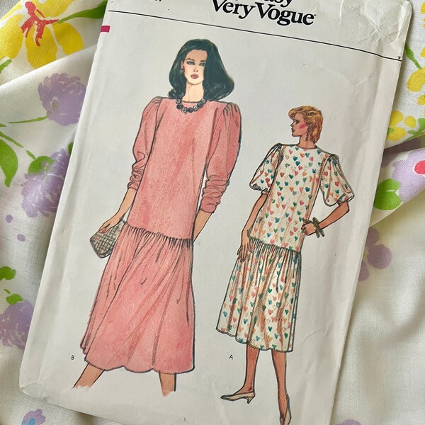 Vogue Sewing Pattern, Drop Waist Dress, 2 Styles, FACTORY FOLDED Very Easy Very Vogue 8585, Complete with Instructions