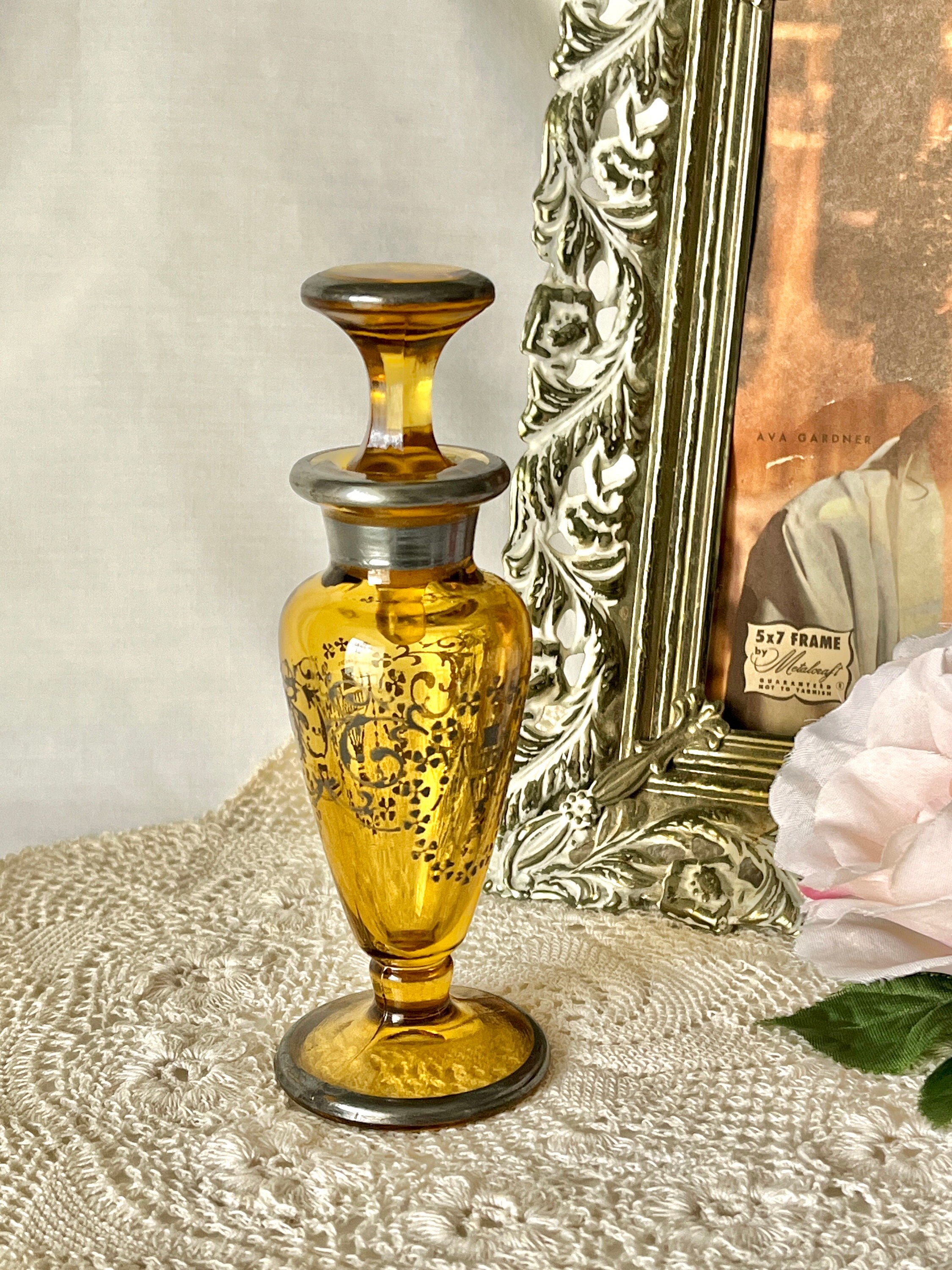 Vintage Art Nouveau Glass Perfume Bottle: Gold Topaz With Metallic