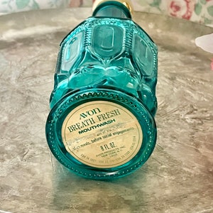 Teal Blue Vintage Glass Bottle, Avon, Glass Collectible, Mid Century 1960s 1970s image 3