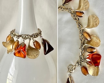 Vintage Dangle Charm Statement Bracelet Chunky Beads, Lucite, Gold-Tone