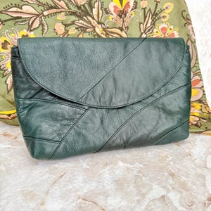 Cartera grande, cartera de piel con relieve, verde oscuro, cartera de piel suave, mucho espacio, estilo vintage de los años 70 y 80