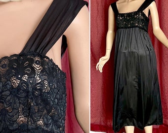 Vintage Slip Dress, Sheer Lace, Wide Straps, Black Nylon, Nightie, Vintage Lingerie