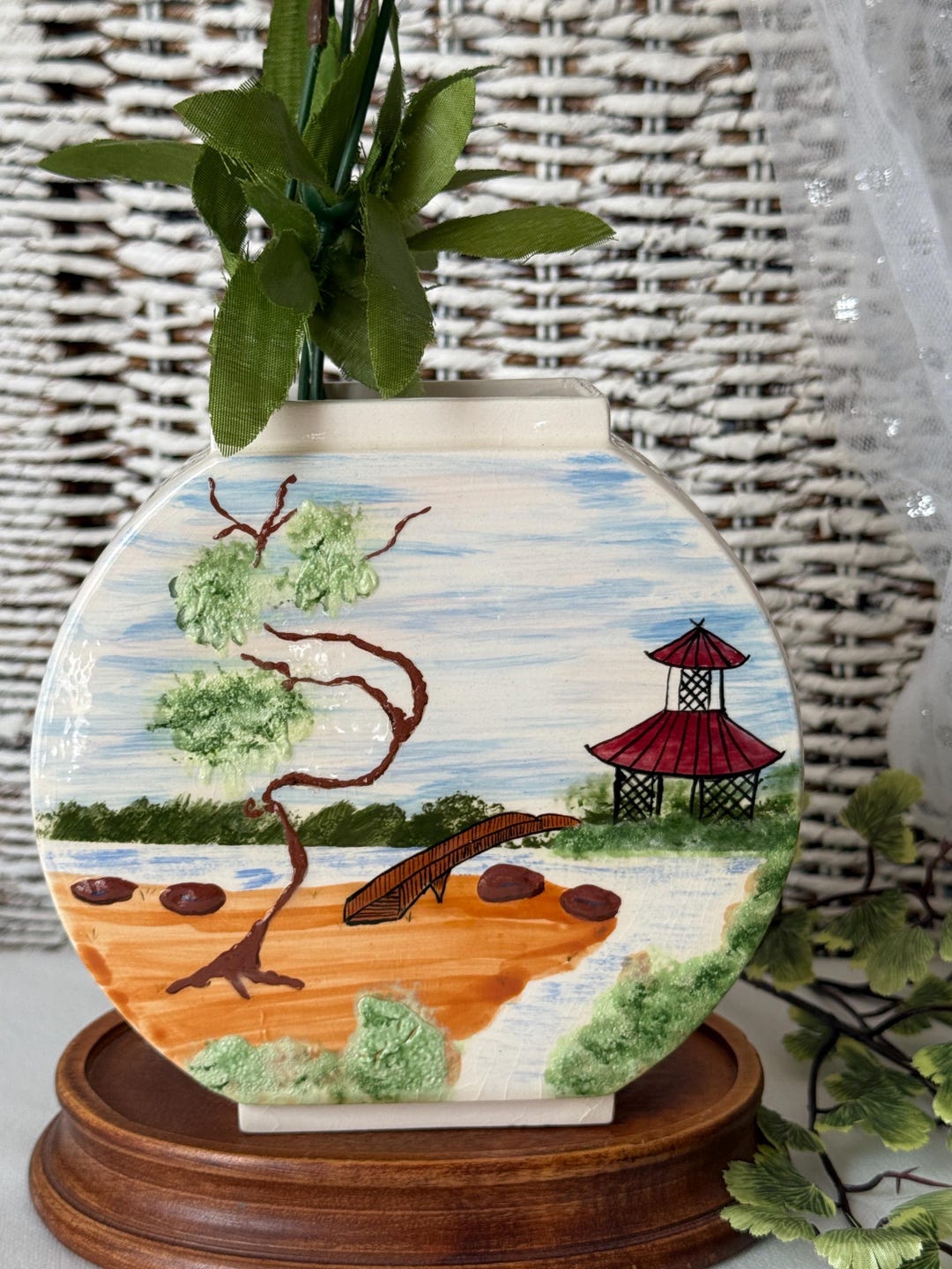 Hand Painted Ceramic Vase, Asian Motif, Artisan Made, Signed, Vintage ...