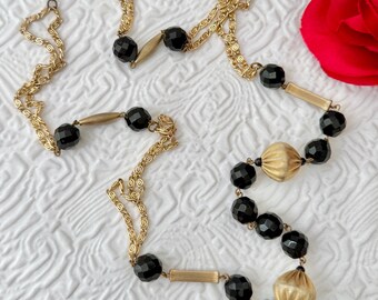Vintage Long Necklace: Lucite Beads, Gold Tone Chain, 60s 70s