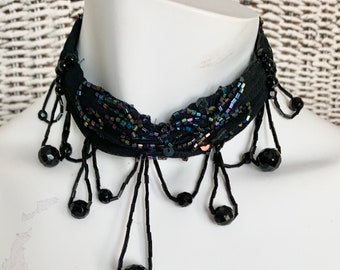Glam Beaded Choker, Dangle Beads Fringe, Iridescent, Flapper Style Necklace, Goth Fashion