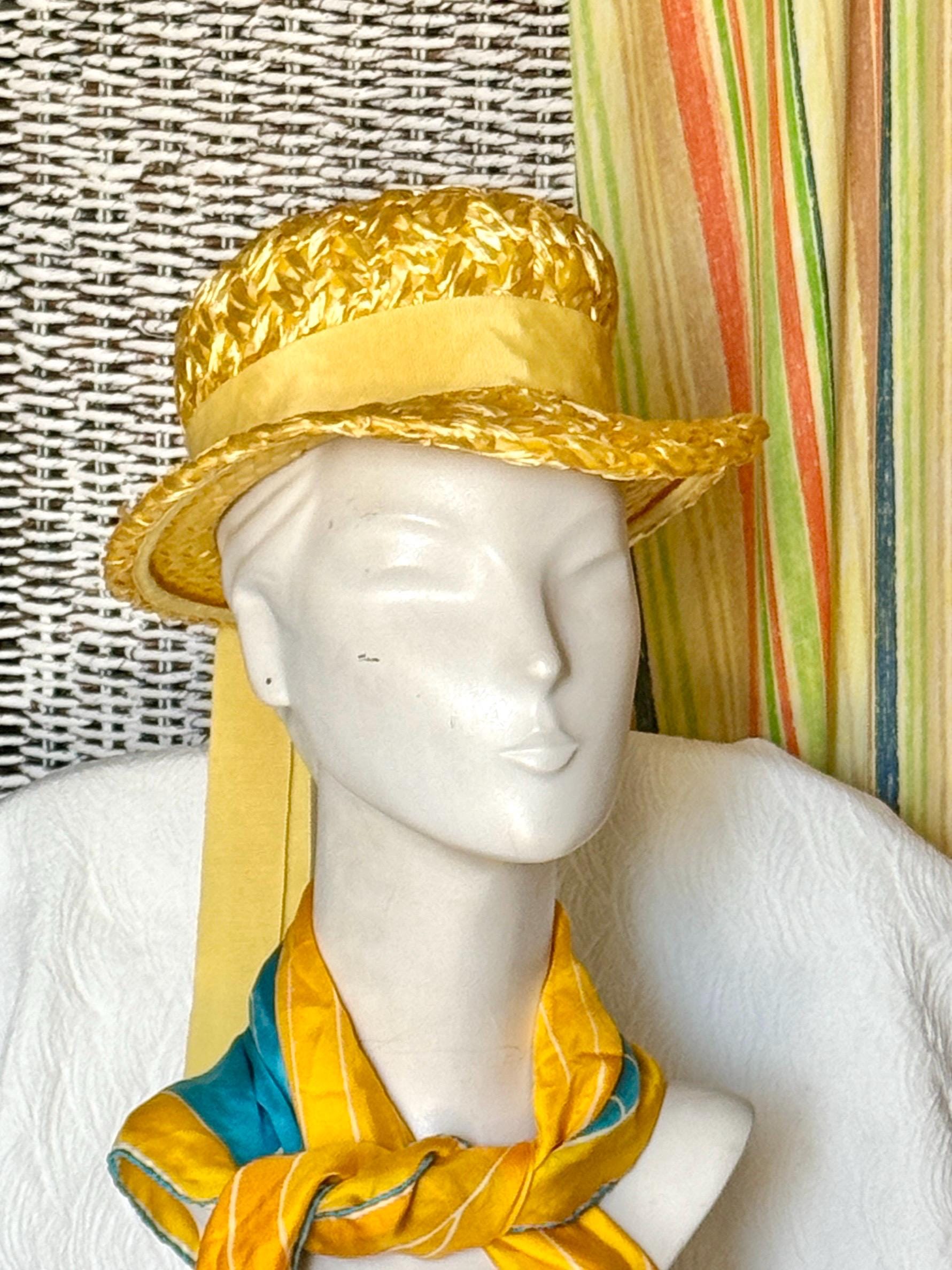 Vintage Mr. Charles Raffia Hat: 1960s Yellow Woven Straw