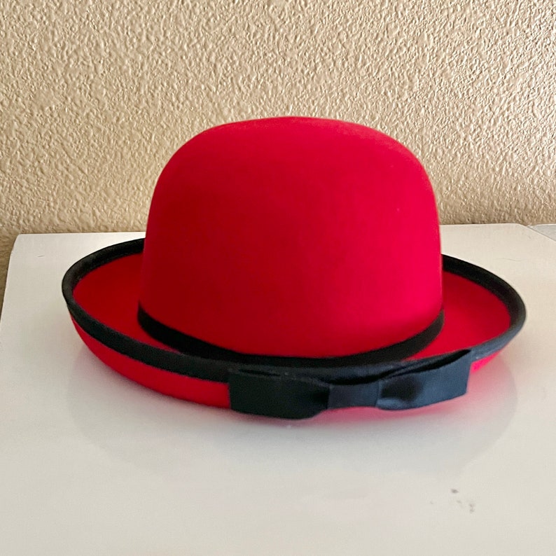 Red Wool Hat, Black Trim, Back Bow, Derby Style, Bowler, Vintage 80s 90s image 6