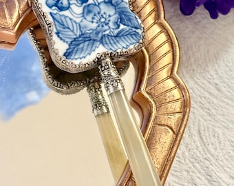 Vintage Chinoiserie Porcelain Hand Mirror: Nephrite Jade Handle, Original Box