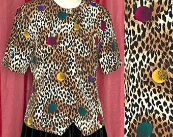 Vintage Top, Animal Print, Brite Artsy Dots, Button Down, Leopard Pattern, Blouse