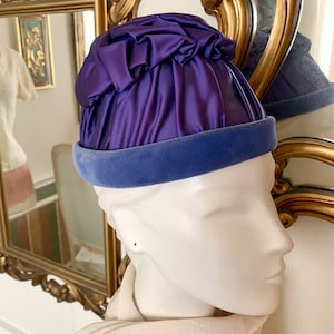 Statement Hat, Ruched Satin, Velvet Trim, High Crown, Violet, Navy, Vintage 60s image 4