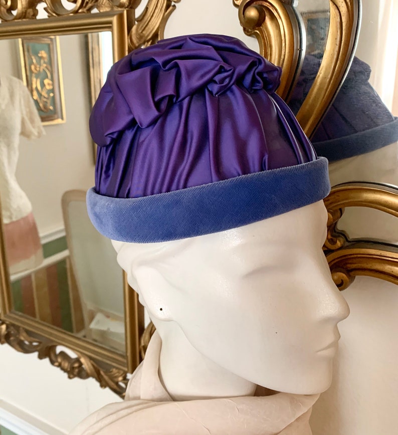 Statement Hat, Ruched Satin, Velvet Trim, High Crown, Violet, Navy, Vintage 60s image 4