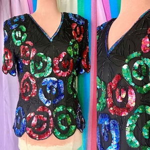 Beaded Sequin Top, Multi Beaded, Tapered Design, Cocktail, Evening, Vintage 80s 90s image 1