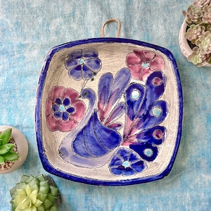 Hand Painted Wall Decor, Mexico, Glazed Pottery, Dove, Floral, Artisan Signed, Mid Century Vintage