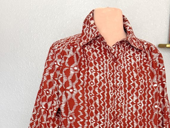 Button Down Blouse, Artsy Tribal Pattern, Cotton … - image 1