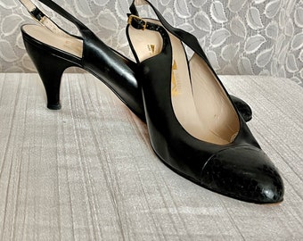 Vintage Ferragamo Shoes, Sling Back, Leather, Reptile, Made in