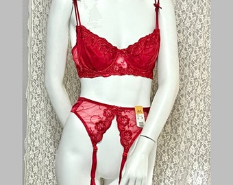 Dark Red Lingerie, Garter and Matching Bra, Vintage Deadstock, Lacy, Sheer, NOS, Original Tags