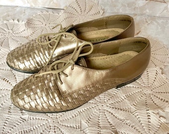Lace Up Shoes, Huarache Woven Leather Oxfords, Flats, Metallic, Size 7 US