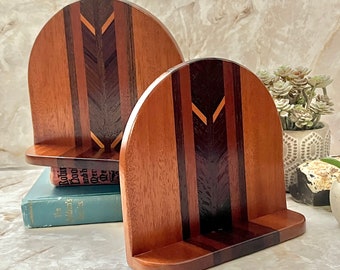 Inlaid Wood Bookends, Art Deco Design, Mid Century Home Decor, Vintage, Office, Library, Book Lover