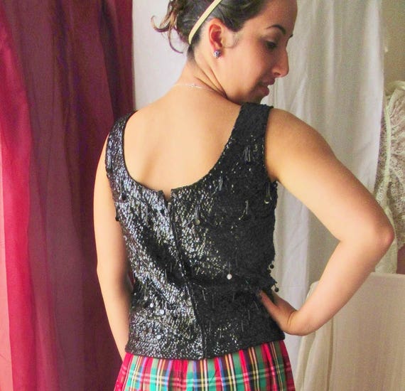 Vintage 50s 60s Sequin Beaded Top, Dangle Beads, … - image 4