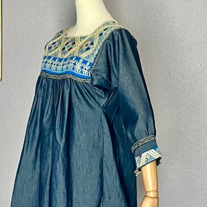Bright Embroidery Top, Guatemala, Hippie Boho, Denim Cotton Huipil Vintage Blouse Tunic image 3