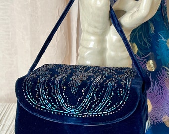 Blue Velvet Box Purse, Beaded Handbag, Iridescent Beads Embellished, Vintage