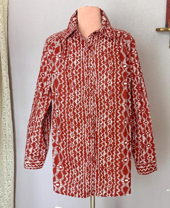 Button Down Blouse, Artsy Tribal Pattern, Cotton … - image 2