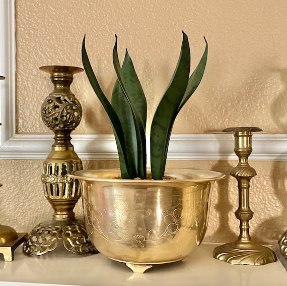 Vintage Brass Footed Planter: Engraved Floral Urn, Mantel Decor - Etsy