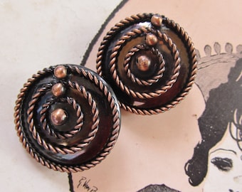 Vintage Copper Earrings, Spiral Abstract, Disc, Braid Trim, Statement, 60s 70s