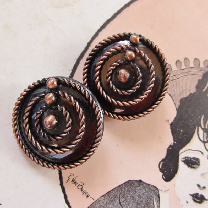 Vintage Copper Earrings, Spiral Abstract, Disc, Braid Trim, Statement, 60s 70s image 1