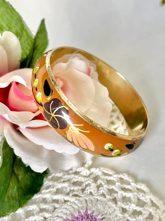 Vintage Enamel Bangle Bracelet: Floral Butterfly Design, 70s-80s