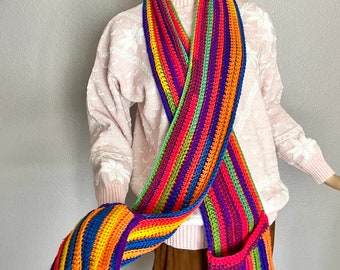 Rainbow Colors Scarf, Hand Knit Accessory, Winter Scarf with Hand Warmers, Vintage Hand Made, Brite Colors, Hippie Festival